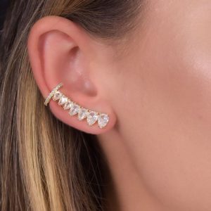 Ear Cuff com Zircônias em Forma de Gota e Piercing Fake - Elegância e Estilo Moderno