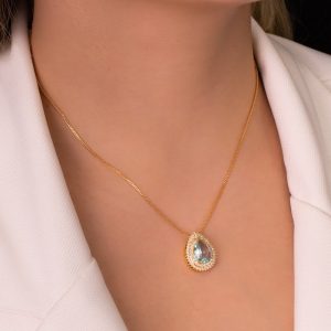 Colar com Pingente de Gota Acqua Marine e Dupla Fileira de Cristais - Elegância e Sofisticação